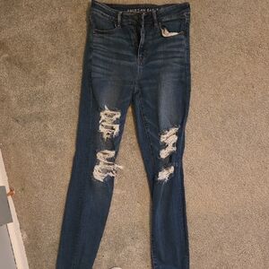 American Eagle Outfitters Women's Dark Blue Ripped Skinny Jeans